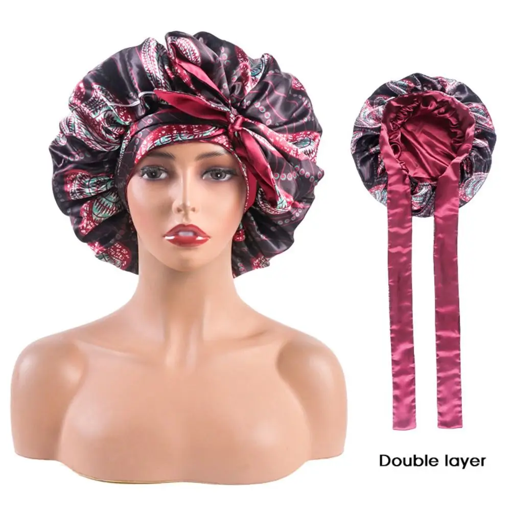 Fashion Adjustable Satin Sleep Cap Elastic Double-layer Silky Satin Bonnet Curly Hair Headwear Hair Cap Sleeping