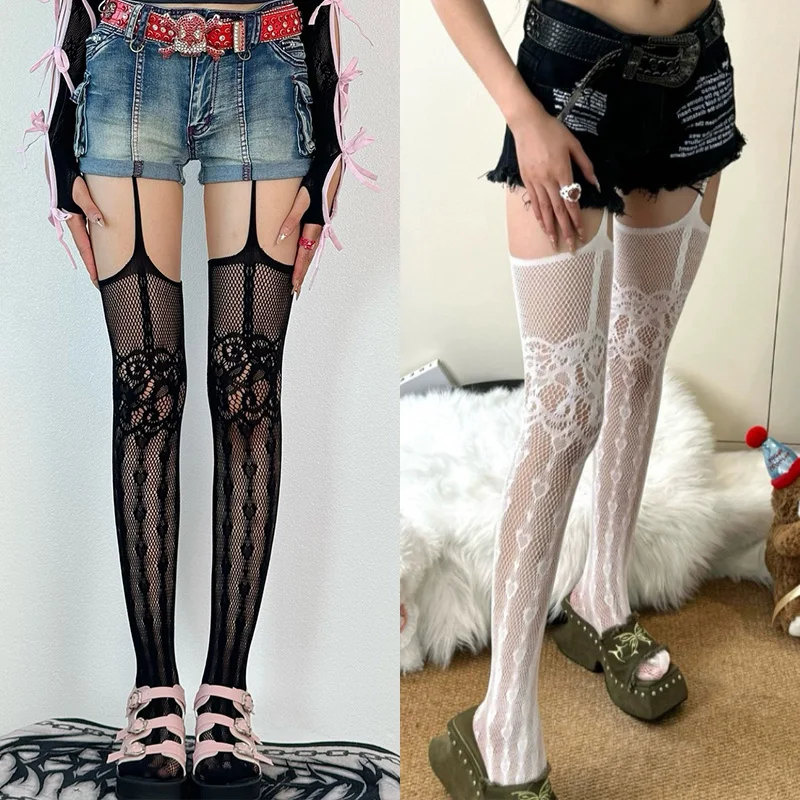 1/2 pares de medias con tirantes de rejilla estilo Y2K para mujer, medias con cinturón de liga Jacquard de malla calada, patrón de corazón de amor JK