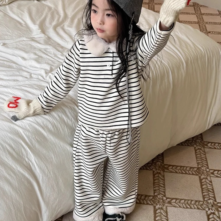 Meninas terno 2025 outono novas roupas infantis estilo coreano menina bebê lã de cordeiro emenda listra de duas peças casual diário simples