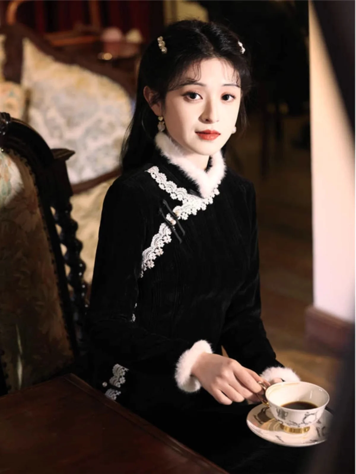 

Bla Fitted Winter Flag Robe New Sle 2024 Autumn Winter Thiened Retro High-End Chinese Sle Long Sve Women's Dr