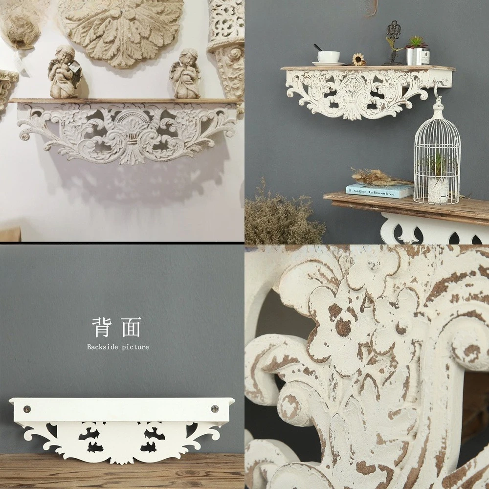 

Rustic American Style Carved Wooden Wall Shelf for Living Room Decorative Floating Rack Vintage Look