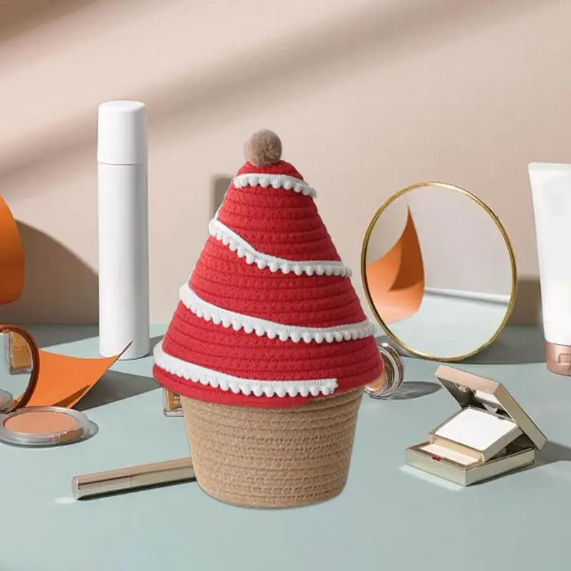 Cesta de almacenamiento tejida, cesta de almacenamiento de cuerda de árbol de Navidad con tapa, estante, organizador de almacenamiento tejido, cestas de almacenamiento decorativas