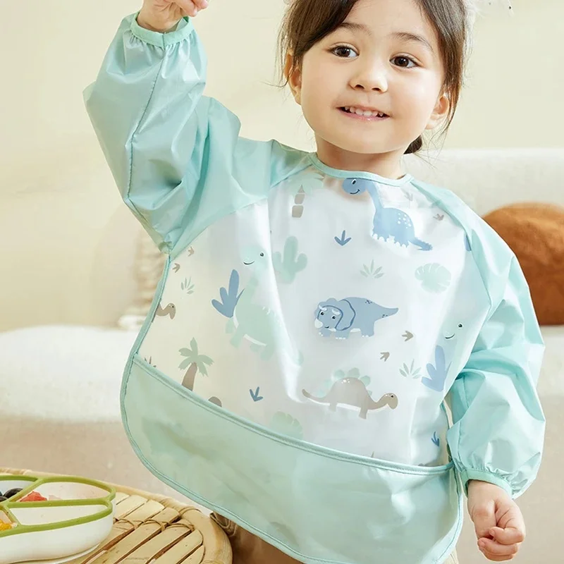 1-2pcs Waterproof EVA Full Sleeve Baby Bibs Children Apron Long Sleeve Feeding Smock Kids Eating Breastplate Scarf Clothing