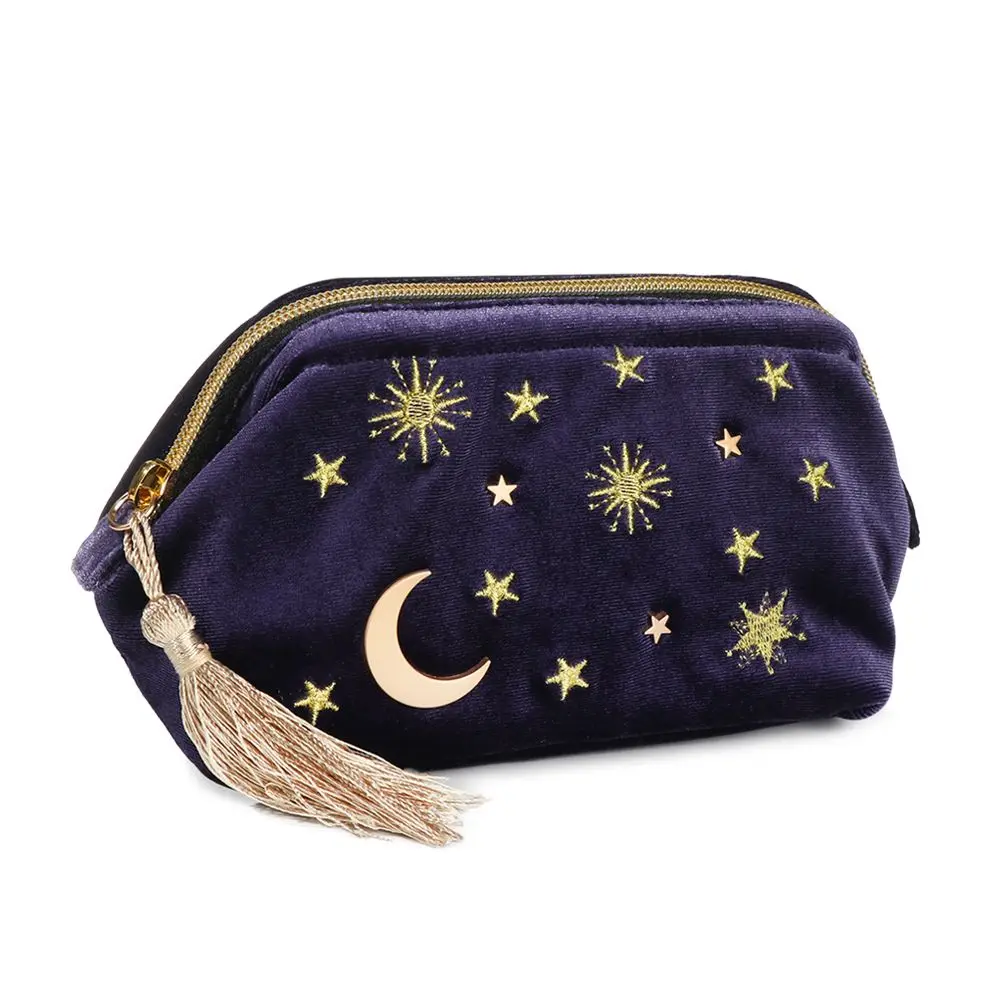 Embroidered Velvet Cosmetic Bag Star Moon Pattern Portable Make Up Bag Travel Organizing Brush Pouch for Women and Girl