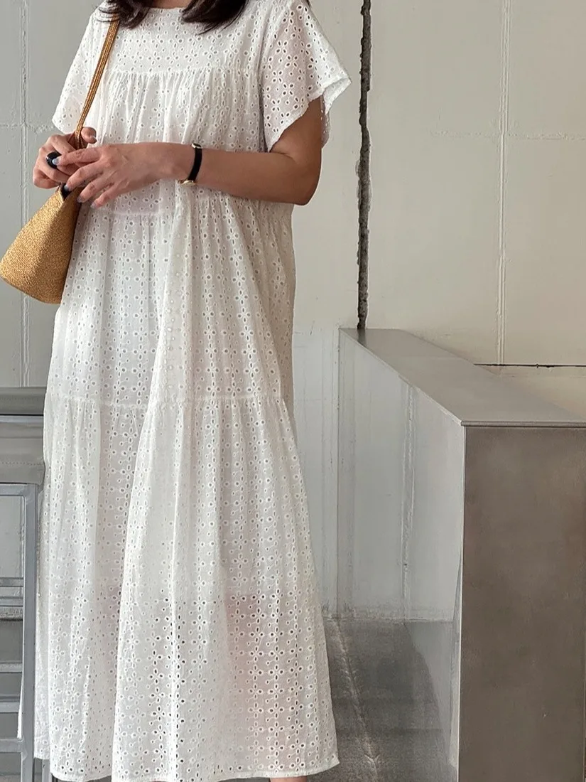 

Ele Lace Hollow out Hook Flower Fly Sve Dr Women's Chic Loose High-End Long Dr Spring Autumn Winter Commute