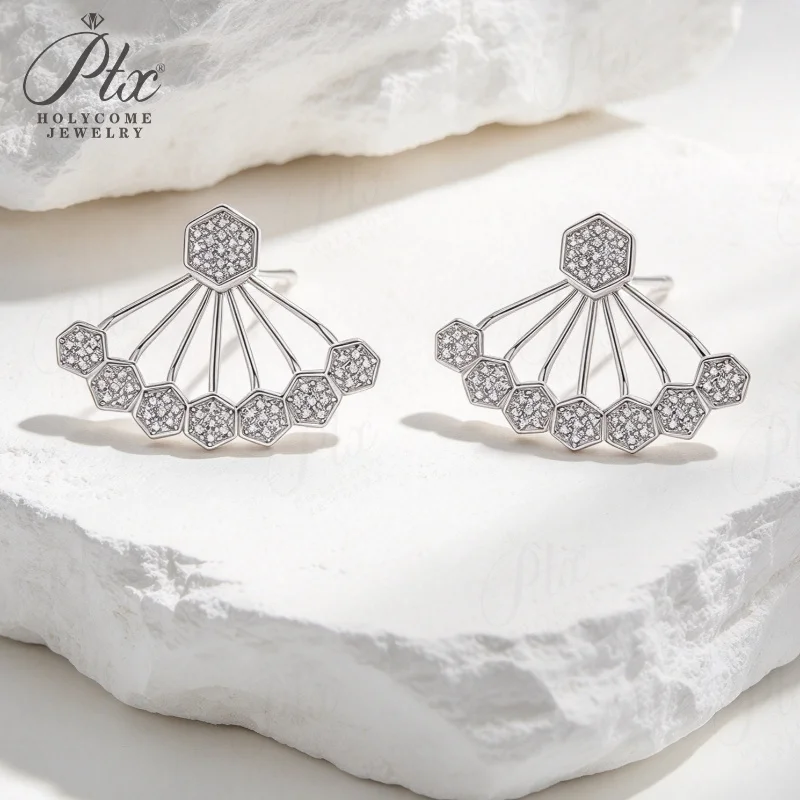 Moissanite Stud Earrings Geometric Vintage Fan Shape Hexagon D VVS1 925 Sterling Silver Women Wedding Fine Jewelry Gift