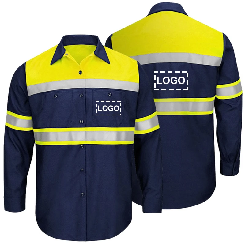 Hi Vis Safety Workwear Shirt Long Sleeve Logo or Text Custom 100% Reflective Shirt Men Construction