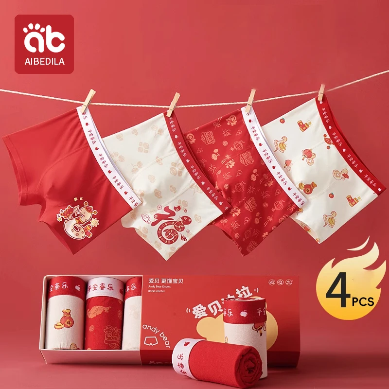 AIBEDILA-ropa interior Sexy para hombre, calzoncillos cómodos y transpirables, estilo chino festivo, suaves, de algodón, 4 piezas