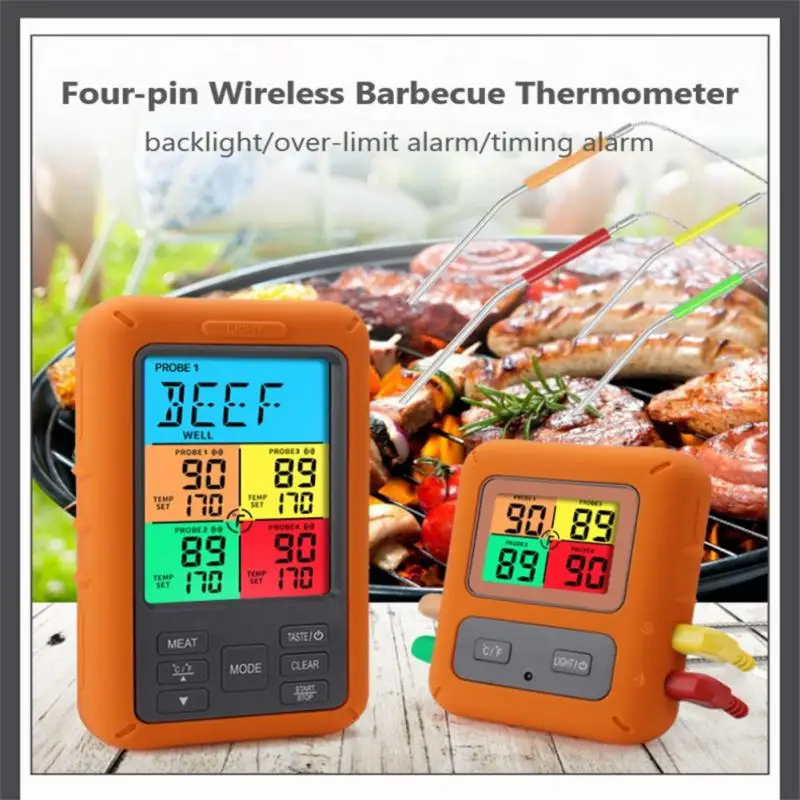 Color Screen Wireless Barbecue Thermometer Four-pin Digital Display Barbecue Food Thermometer Kitchen Oven Thermometer BBQ Tools