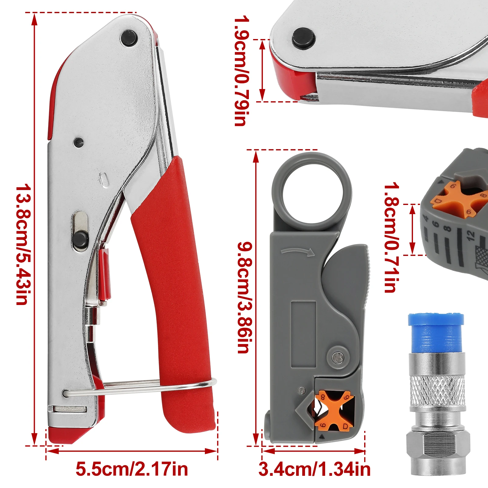 Coaxial Wire Stripper Tool Professional Coaxial Cable Crimper Tool with 5 F Type RG6 Compression Connectors for RG6 Compression