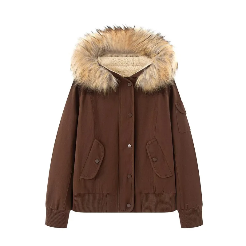 سترة نسائية ذات ياقة كبيرة من الفرو متعددة الاستخدامات للتنحيف الشتوي، مريحة وأنيقة باللون البني، معطف بقلنسوة للشارع #3