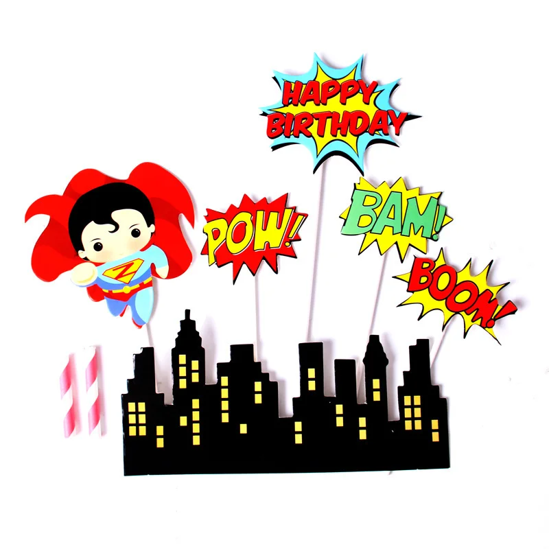 6pcs Cartoon Super Hero Happy Birthday Cake Topper Cute Boom Pow Paper Cupcake Topper for Boys Birthday Party Cake Decorations