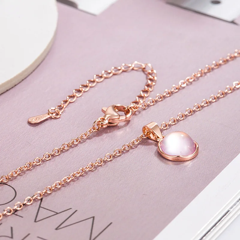 925 Sterling Silver Round Pendant Necklace with Pink Crystal Elegant Choker Wedding Jewelry Luxury Gift for Women Birthday