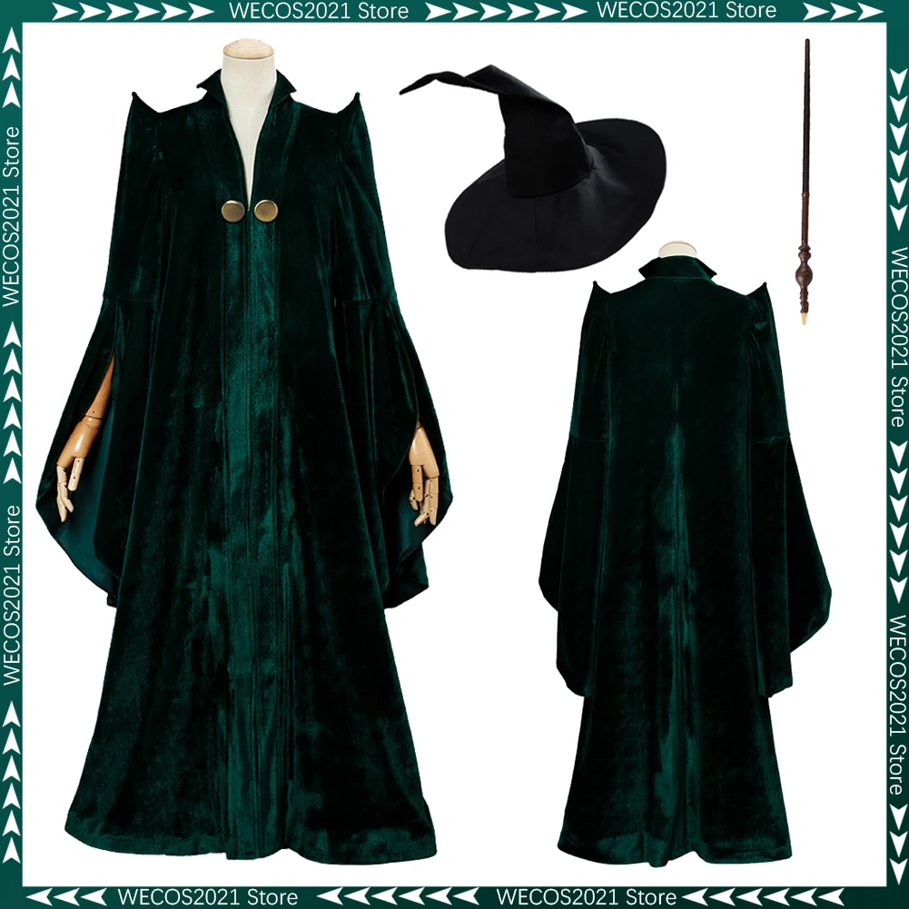 Disfraz de bruja McGonagall para mujer, Túnica de fantasía, sombrero de varita, disfraz de película mágica, trajes de fantasía para adultos