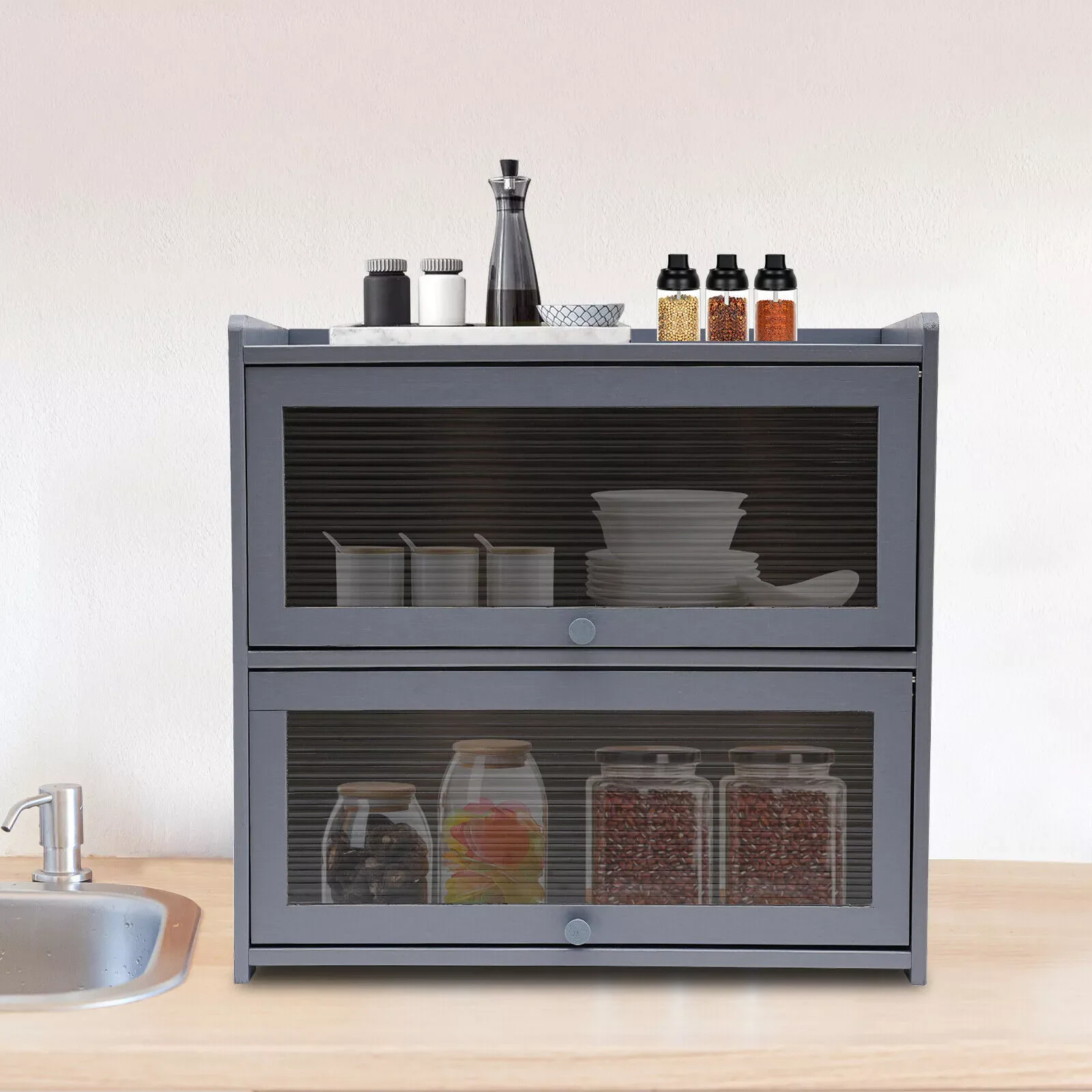 Two Tiers Deck Mounted Storage Cabinet Gray Modern Countertop Storage Cabinet for Kitchen