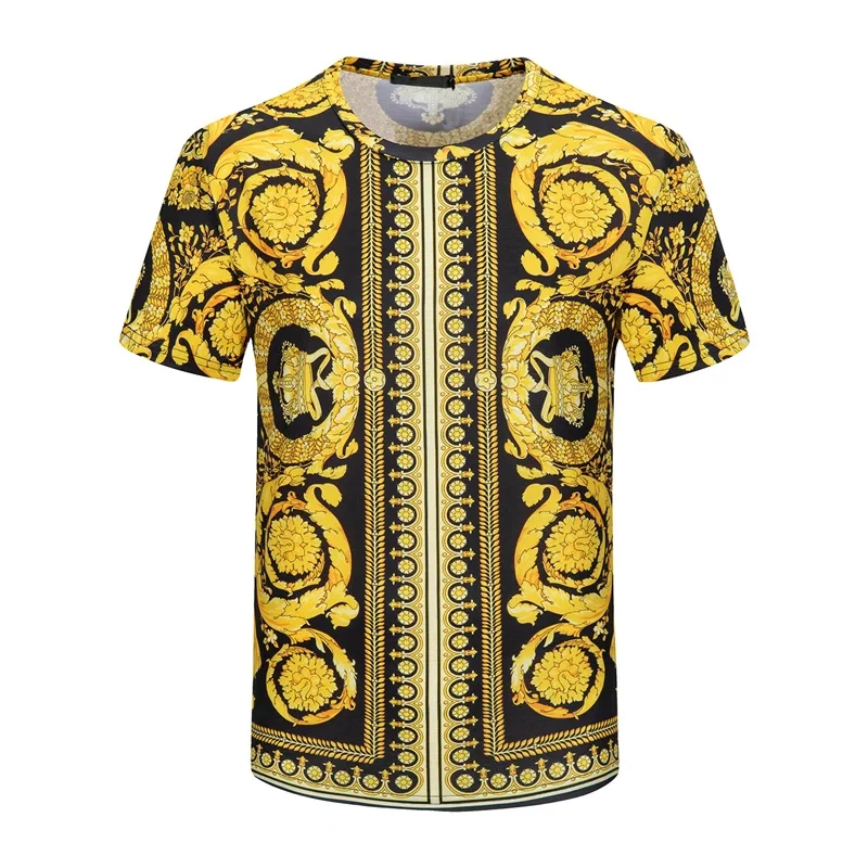 New Fashion Summer Baroque T-shirt Print 3D Floral T Shirt for Men and Women Vintage Luxury Brand Royal Golden Flower Camisetas