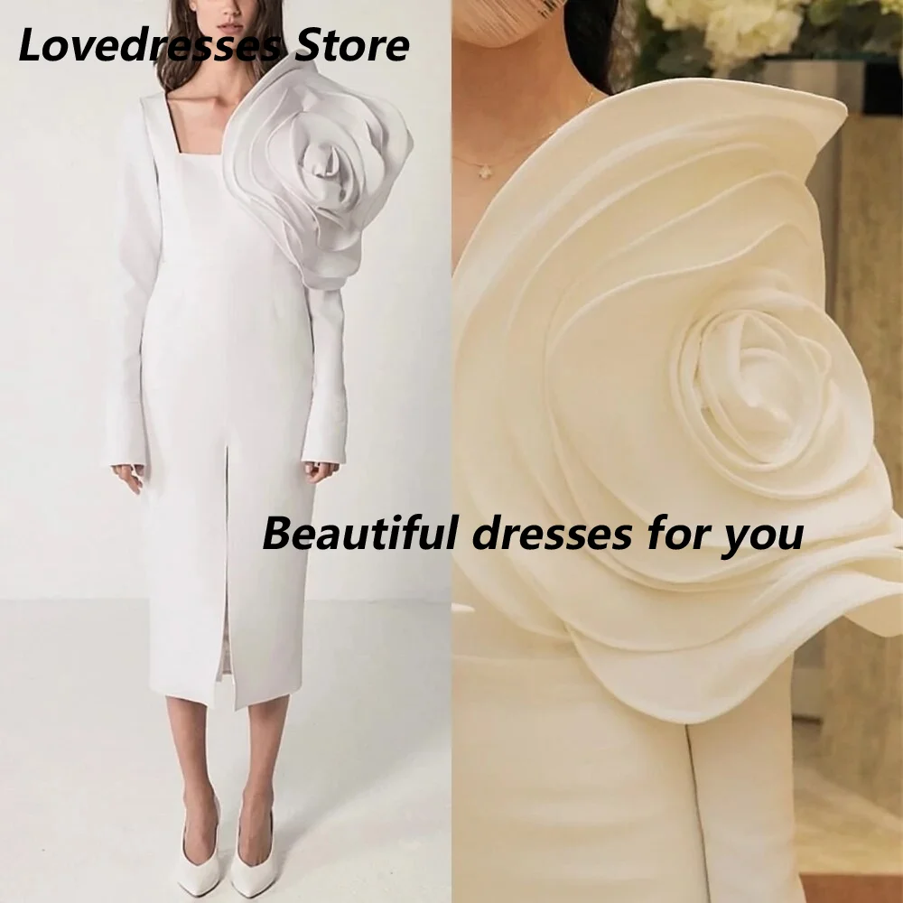 

Customized White Mermaid Prom Dresses Elegant Pleat Flower Long Sleeves Evening Dresses Square Neck Tea-Length Slit Party Gowns