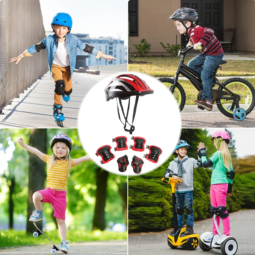 7Pcs Bicycle Sport Protective Gear Set Breathable Kids Skateboard Scooter Helmet Set 48-55cm for Skateboard/Bike/Skating/Cycling