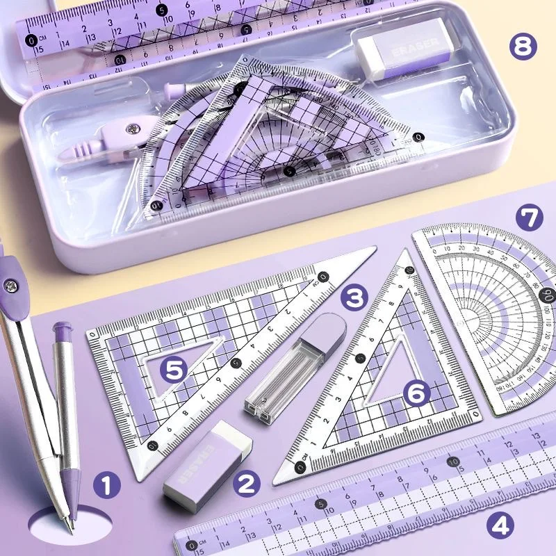 Professional Compass and Ruler Set for Students Including Protractor Triangle Ruler Straight Edge Geometry Tools for Middle