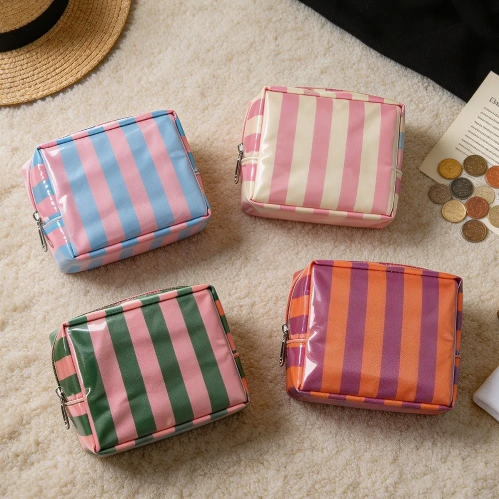 New Mini Size Makeup Bag Striped Design PVC Material Toiletry Bag Waterproof Lightweight Sanitary Napkin Storage Bag Travel Use