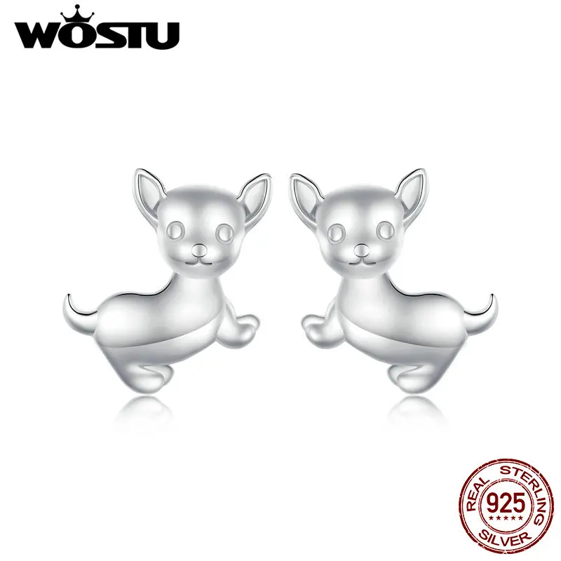 WOSTU 925 Sterling Silver Mini Lovely Chihuahua Dog Stud Earrings For Women Lovely Pet Screw-back Earring Girl Jewelry Gift