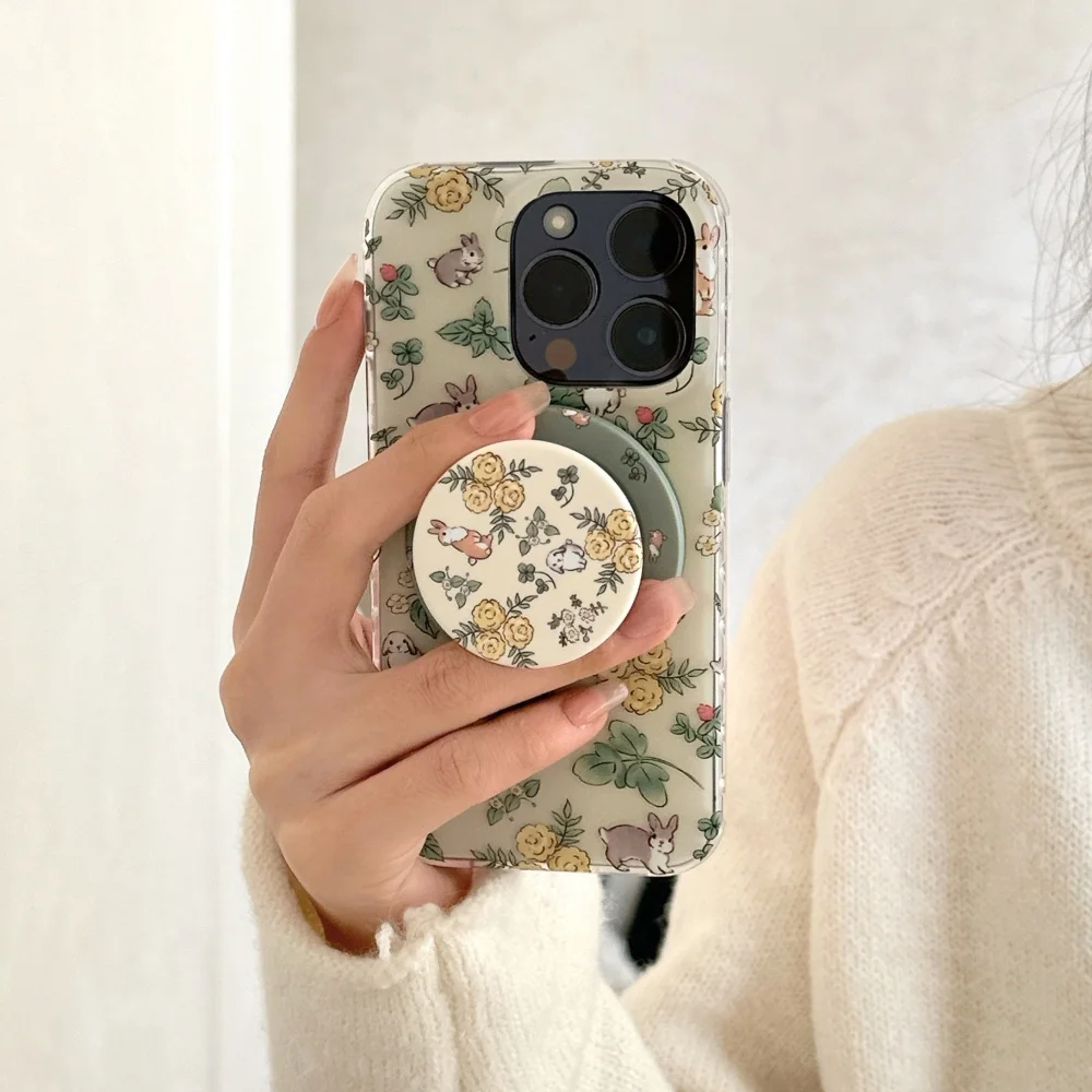 Чехол для телефона MagSafe с беспроводной зарядкой и рисунком кролика, магнитный кронштейн с деревенским цветком, подходит для iPhone 17, Samsung