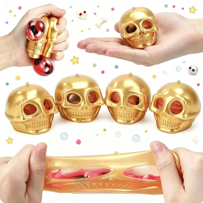 Halloween Stress Balls Squeeze Skull Toys Fidget Decompression Toys Squeeze Skulls With Blood And Maggots Halloween Prank Toys