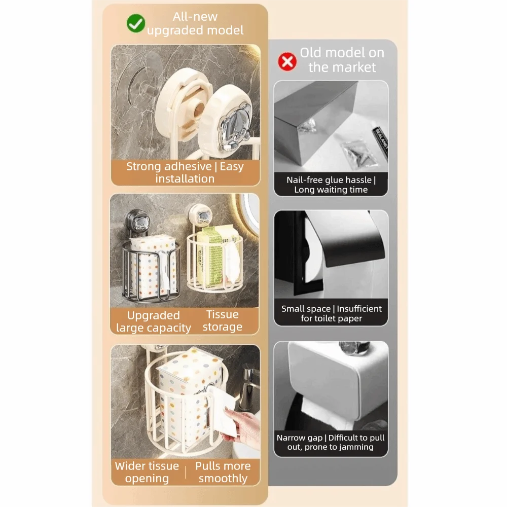 

Wall Mounted Suction Cup Paper Towel Shelf Space Saving Punch-free Tissue Storage Rack Large Capacity Organizer Box