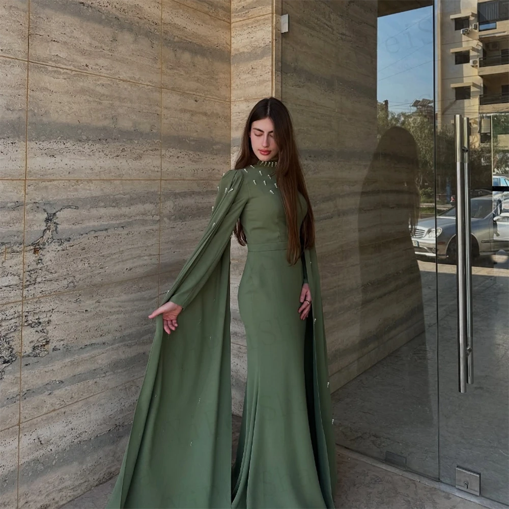 ที่กําหนดเองตรงชุดราตรียาวคอเต็มแขนชุดราตรีแฟชั่น Stole ประดับด้วยลูกปัด Draped ชุดราตรี