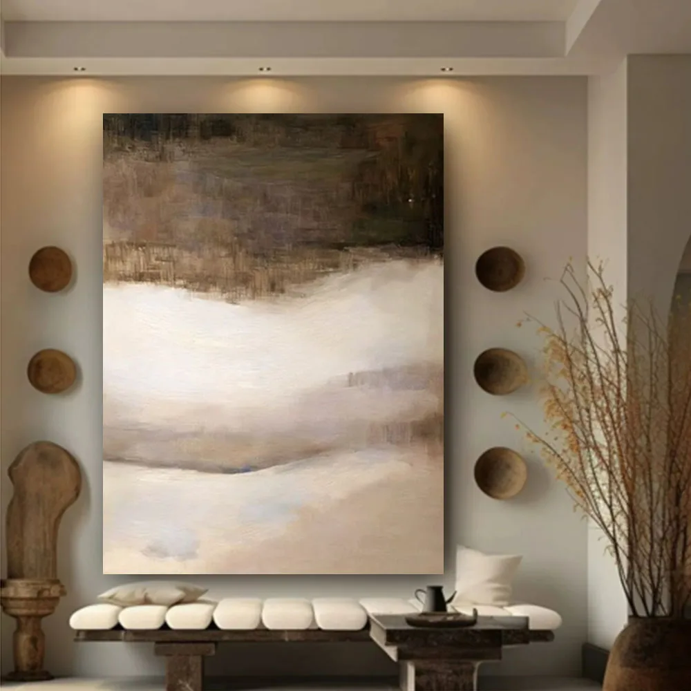 Hand-Painted Oil Paintings Modern Abstract Landscape Autumn Lake View Golden Fallen Leaves Canvas Painting Living Room Wall Art