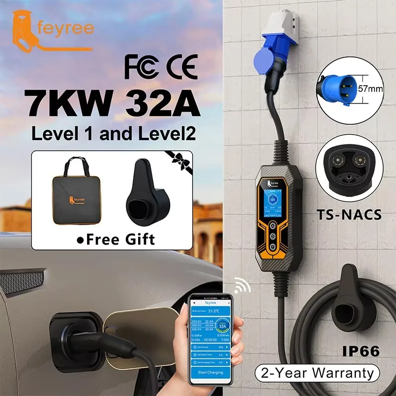 Feyree Wi-Fi APP Control EVSE Smart Timing Charging Portable EV Charger, Type2 32A 7KW Adjustable Current Home Outdoor