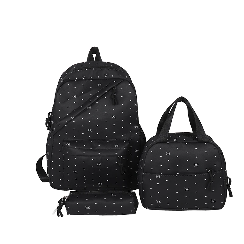 3Pcs Nylon Polka Dot Bow Backpack with Lunch Box and Pencil Case Students Bookbags Sets Large Capacity for Girls Women