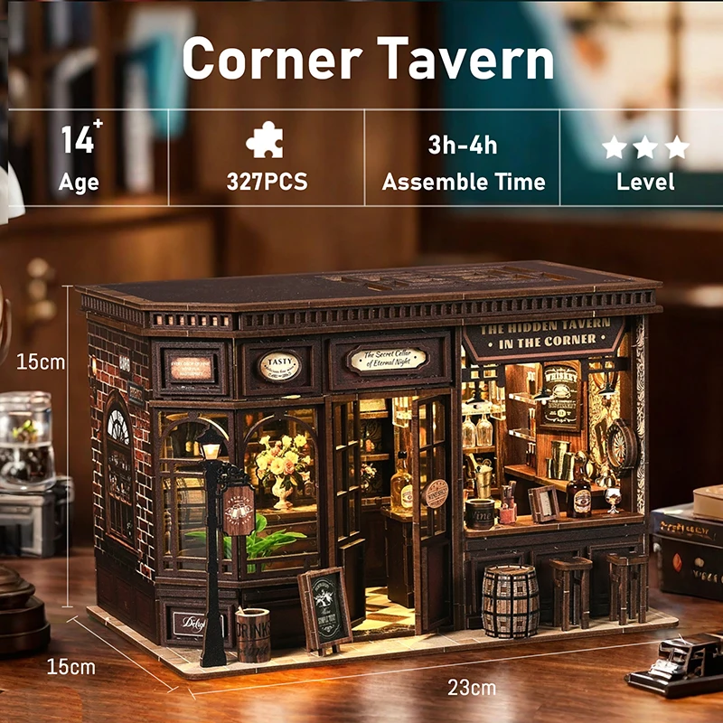 Casa de taberna de esquina DIY, Kit de modelo en miniatura de madera, rompecabezas 3D con muebles ligeros, casas de muñecas, cabaña para amigos, regalos de cumpleaños