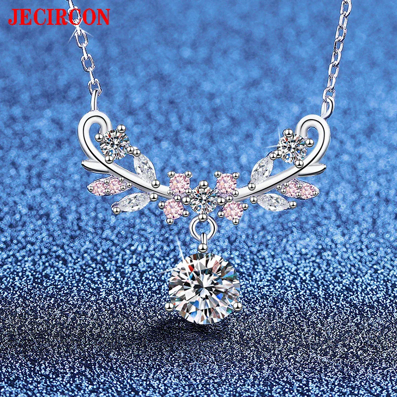 

JECIRCON S925 Sterling Silver 1 Carat Moissanite Necklace - Floral & Wheat Ear Forest - Style Pendant with Shining Pink Zircons