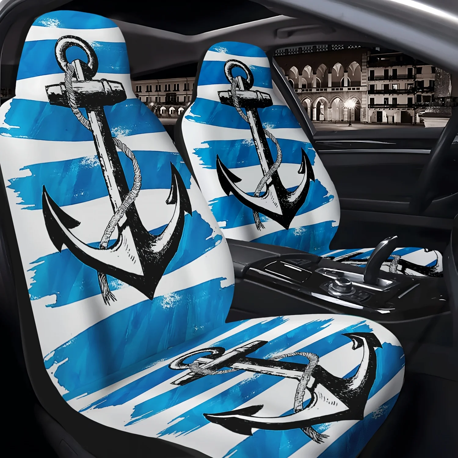 Set Of 2 Front Seat Covers For Cars, Featuring An Anchor And Wave Print, Suitable For Sedans, Suvs, And Trucks. Durable Polyeste