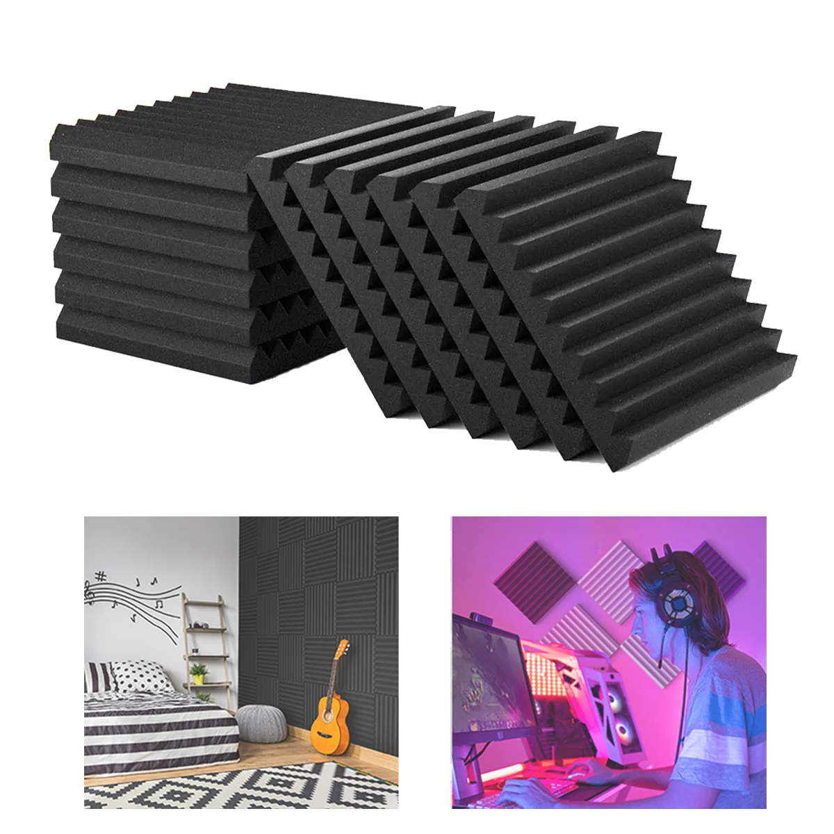 Miwayer 12 Pcs Acoustic Panels – Self-Adhesive,0.3″x12″x12″, Quick Recovery,High Density, Soundproof Foam for Studio/Home/Gamin