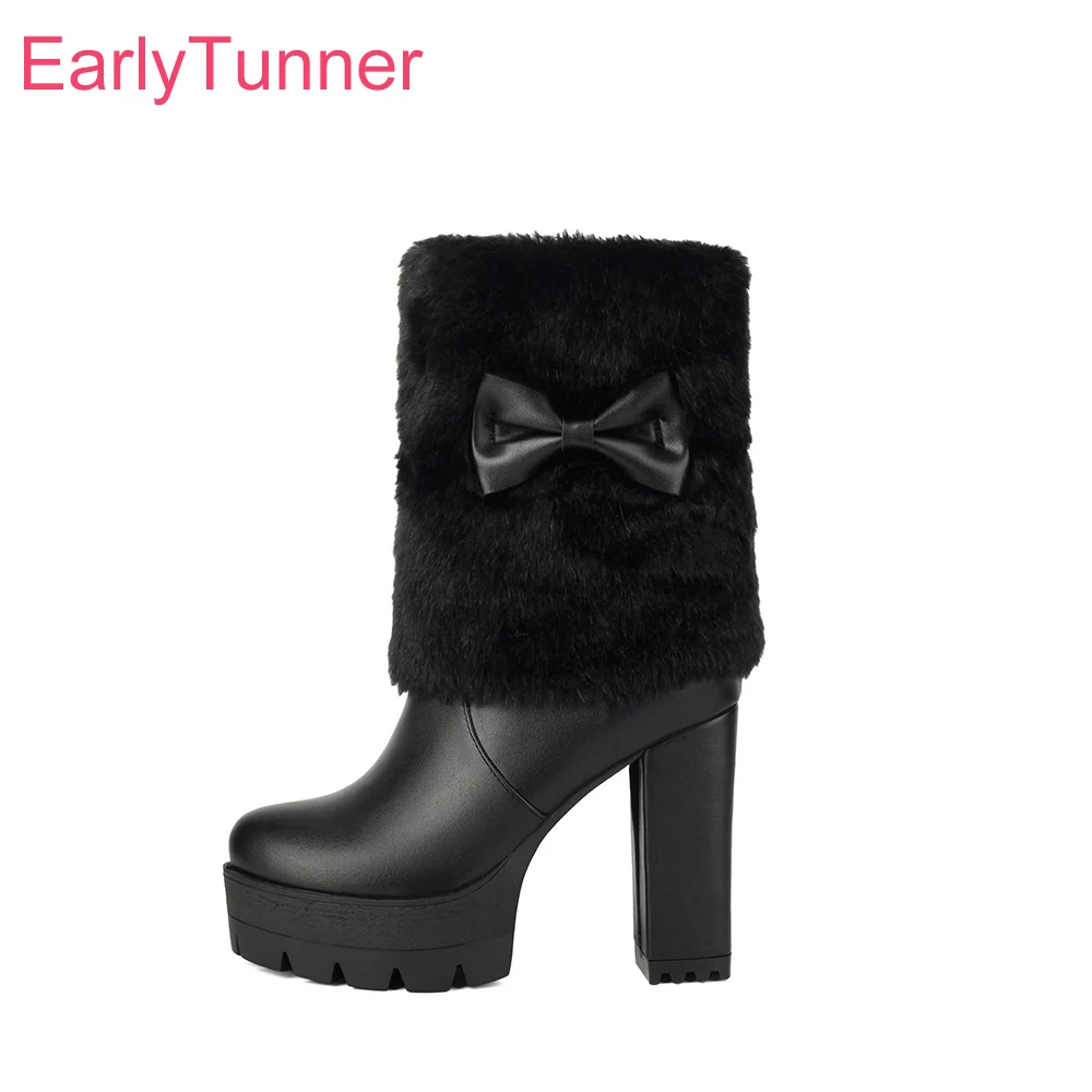 

2025 Новые зимние теплые черно-белые женские меховые сапоги до середины икры на платформе и высоком каблуке, женская обувь для вечеринок, большие размеры 13 43 47 50