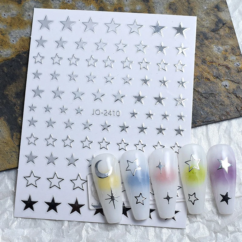 Metal Mirror Silver 3D Nail Sticker 3D Love Hearts Stripe Lines Tape Sliders Self Adhesive Decals Nail Art Manicure Decorations