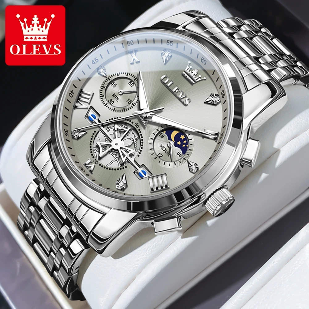 

OLEVS 2856 Original Watch for Men Roman Scale Chronograph Multifunctional Flywheel Design Stainless steel Waterproof Moon Phase