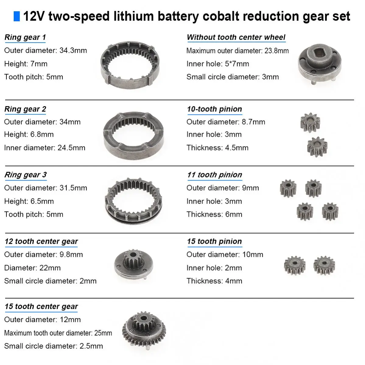 Two-Speed Charging Drill Gear Set 12V Double Speed Planetary Gear Set Reduction Gear Accessories Working Effect