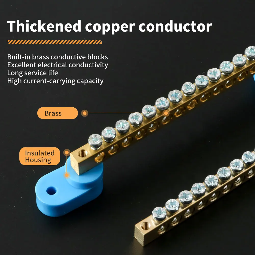 DIN Rail Terminal Block Blue Bridge Type Copper Ground Bar 6*9 4/6/8/10/12//14/16 Holes Electrical Connector Neutral Terminal