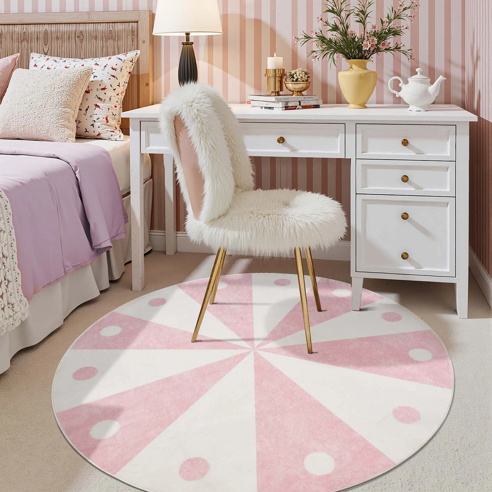Cute Circus Candy Round Rug Non Slip Soft Floor Mat Polka Dot Radial Pattern Decor Carpet for Room Playroom Bedroom Indoor Home