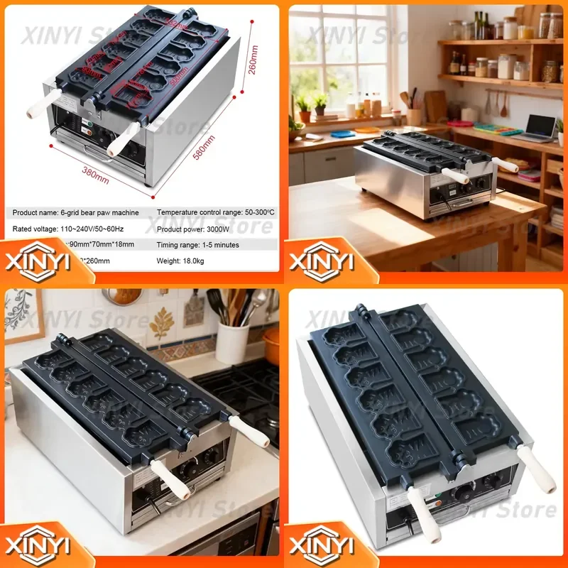 Electric Cat Paw Waffle Maker Machine 6Pcs for Cat Bear Tiger Shape Cake Baker Snack Maker Commercial Appliance 110/220V