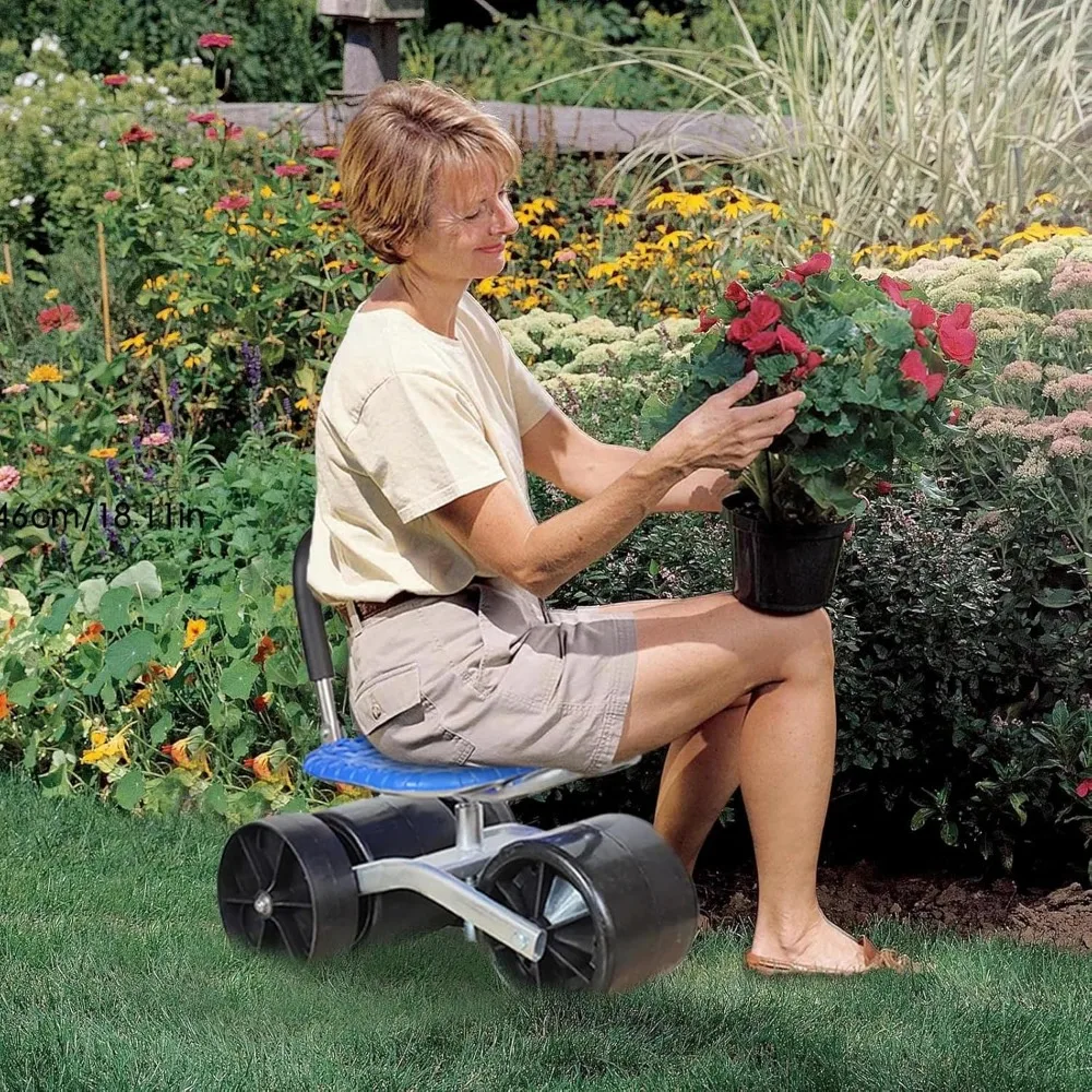 

Garden Stool with Wheels, Height Adjustment, Rolling Garden Cart with 360° Swivel Seat, Portable Garden Scooter