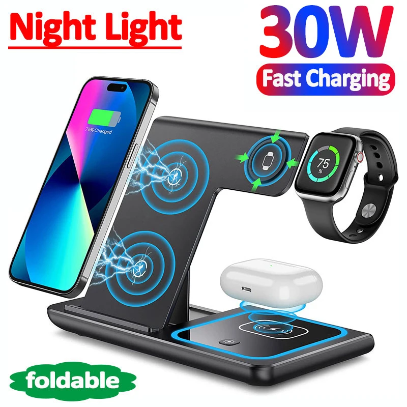 3 in 1 Foldable  30W LED Fast Wireless Charger Stand For iPhone 14 13 12 11 Apple Watch Airpods Pro iWatch 8 7 Charging Station