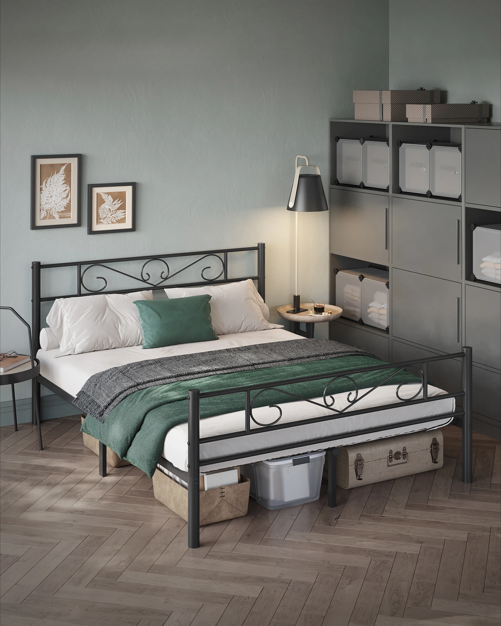 Wholesale Bed Frame for Bedroom Hotel Apartment Double Size Metal Bed Frame with Built-in Headboard