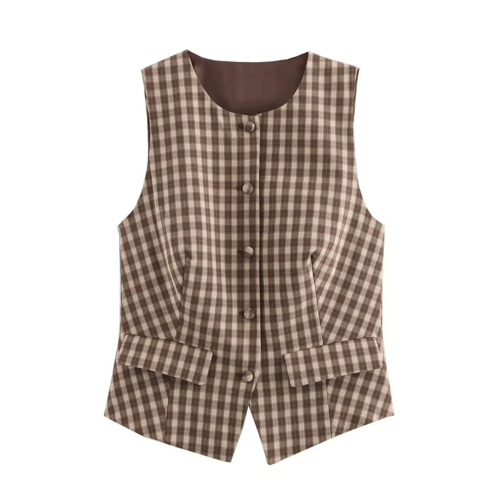 Fashion Vintage Festival Skort Set for Women Checkered Fitted Vest Top with Flap Pockets and Plaid Skort with Pleats and Buttons