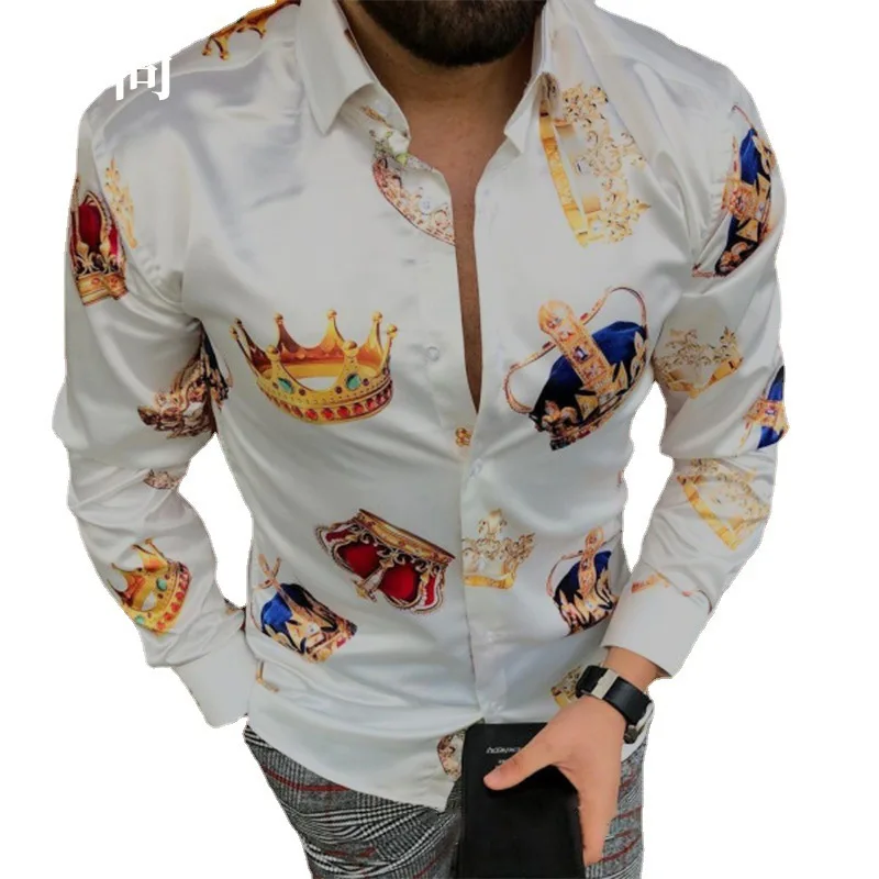 Fashion Trendy Hawaii Men Casual Shirt Luxury Golden Crown Shirts Summer Long Sleeve Beach Blouse Classics Men Clothing