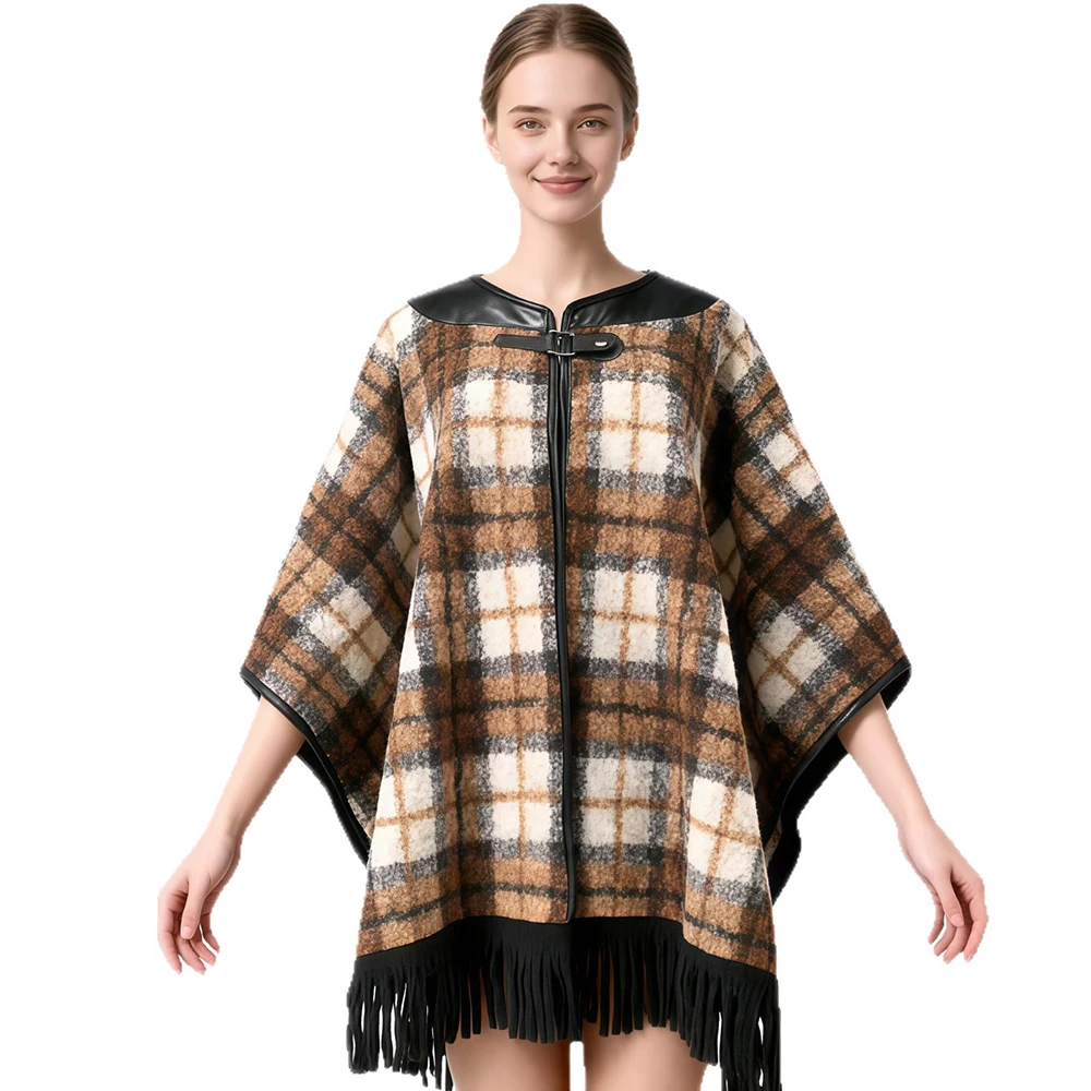 Retro Fringed Leather Collar Patchwork Knitted Sweater Coat For Women Leopard Printed Shawl Cape Outerwear Long Poncho Cloak