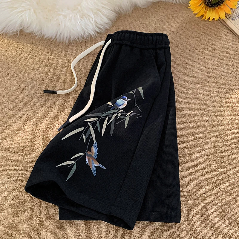 Japanese Style Men Shorts Bamboo Pattern Shorts Loose Large Size Casual Jogging Sweatpants Drawstring Straight Short Pants